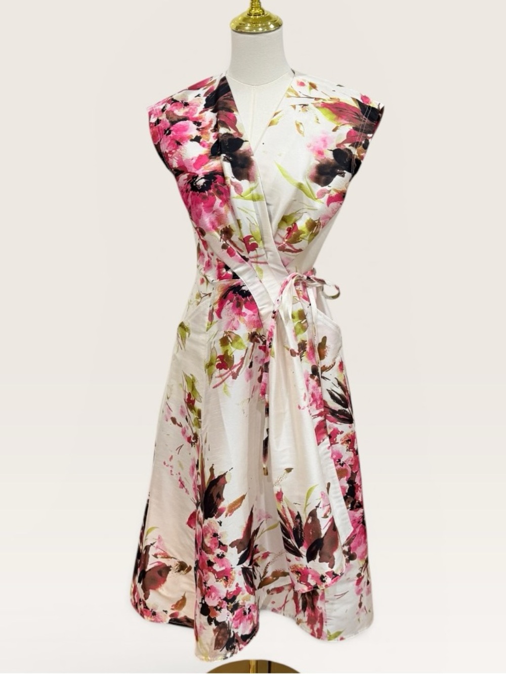 Donna Karan New York Floral Tiered Dupioni Wrap Dress Size 2 Ivory Pink NWT $179 - Picture 7 of 16